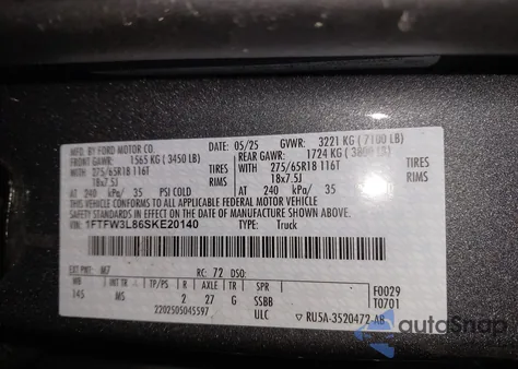 2025 Ford F-150 Xlt from USA, damaged, VIN 1FTFW3L86SKE20140